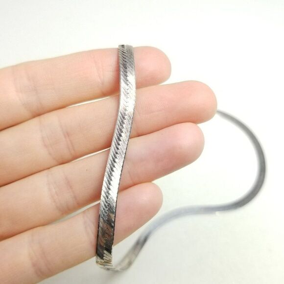 Vintage Herringbone Sterling Silver Flat Chain Necklace, Tarnished, Estate - Picture 7 of 7